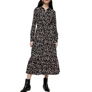 NWT Size 8 Topshop Spot Tiered Long Sleeve Midi Shirtdress Black Cream